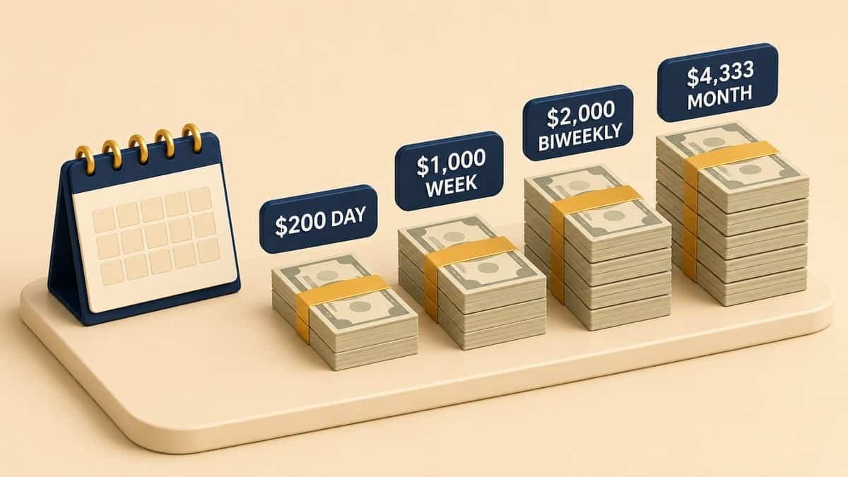 25 dollars an hour by pay period: 200 dollars daily, 1,000 weekly, 2,000 biweekly, 4,333 monthly