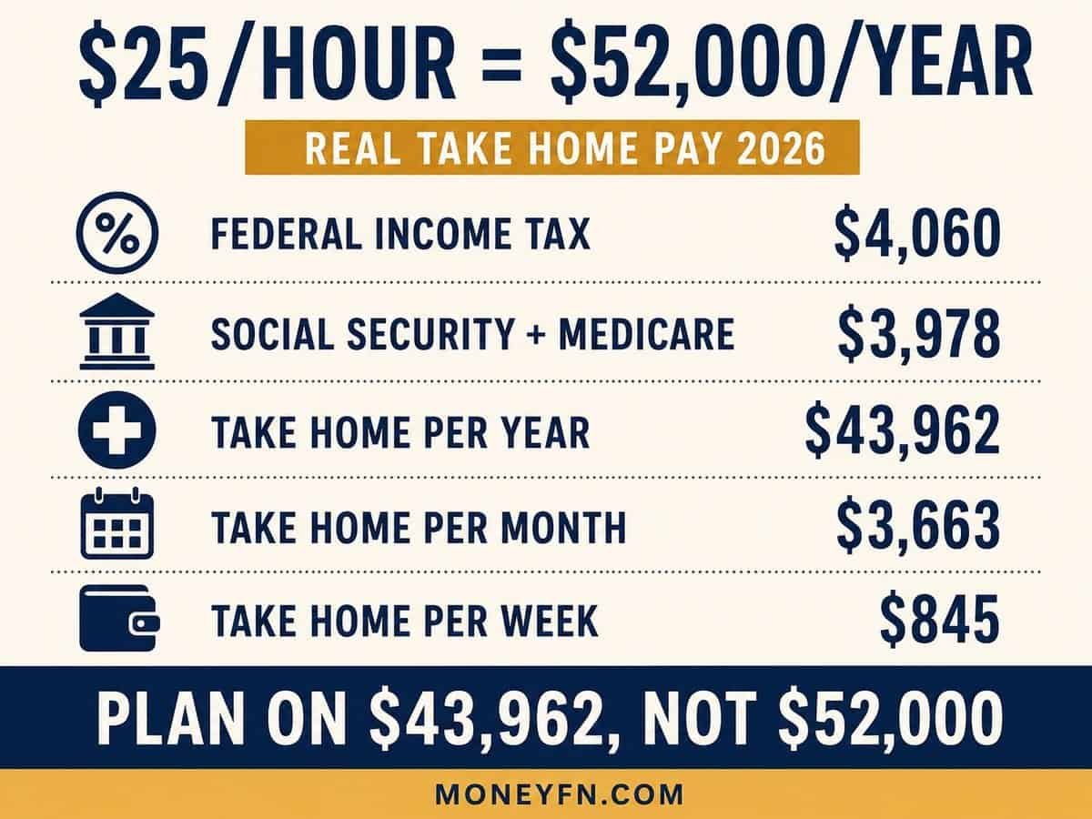 25 dollars an hour real take home pay 2026 infographic: 4,060 federal tax, 3,978 payroll tax, 43,962 per year, 3,663 per month, 845 per week