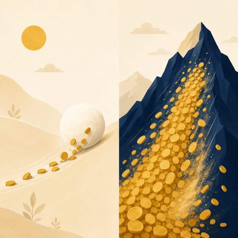 Split illustration of a snowball gathering coins beside an avalanche of coins on a mountain