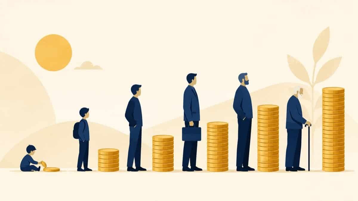 Illustration of net worth growing with age, coin stacks rising beside figures from young to old