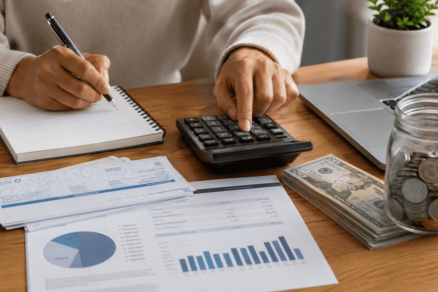Generated image: Calculating finances at a tidy desk