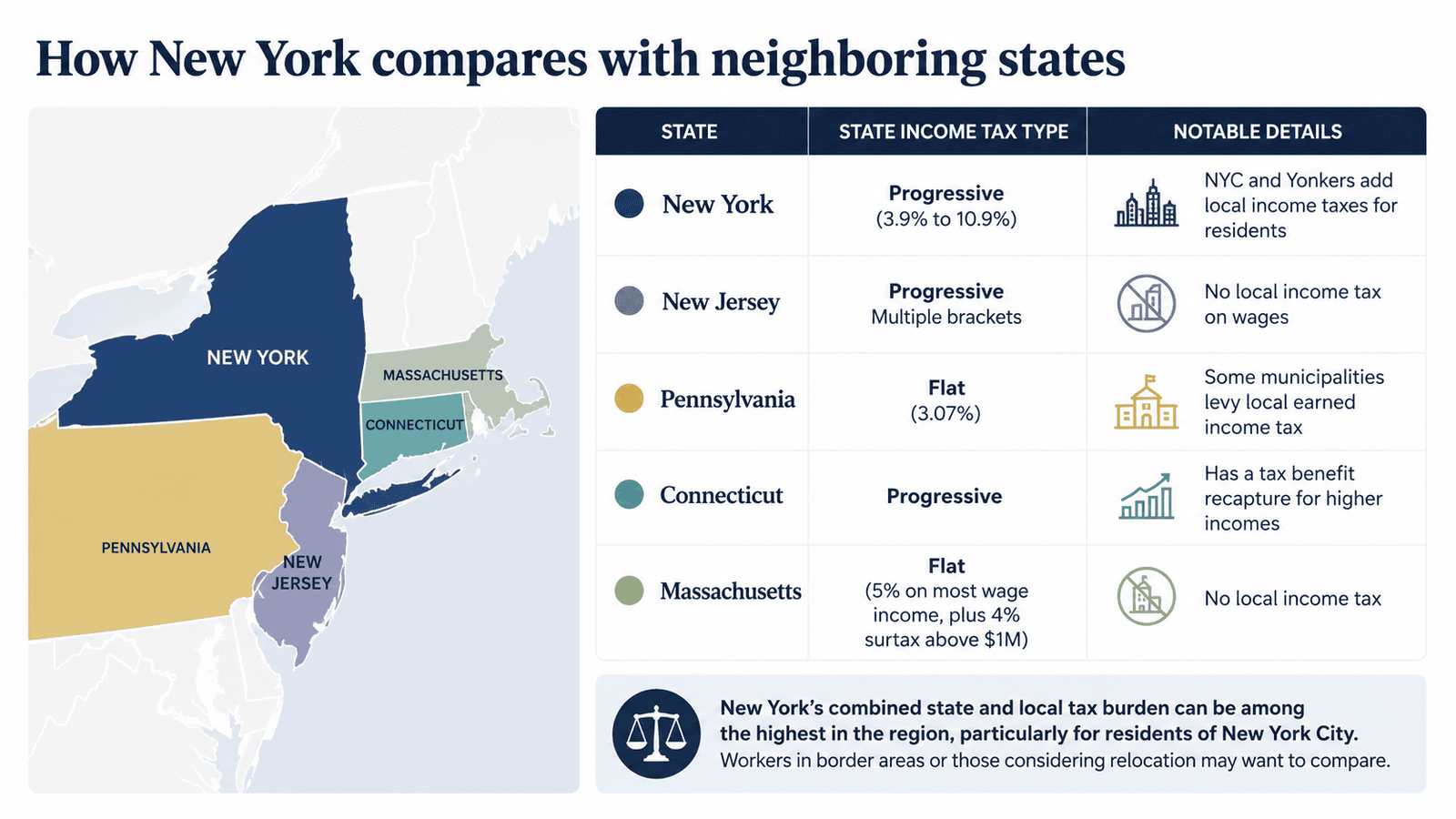 paycheck calculator new york - Generated image: Tax comparison of northeastern states