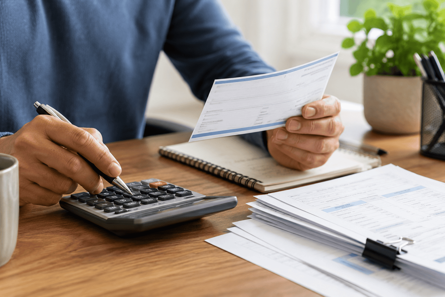 Focused workspace with paperwork and calculator for Rhode Island paycheck math