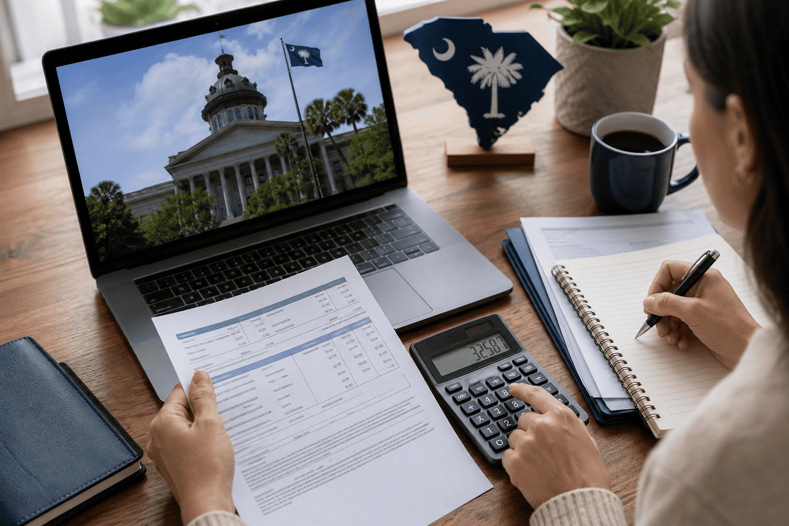 Generated image: Focused budgeting in a modern workspace