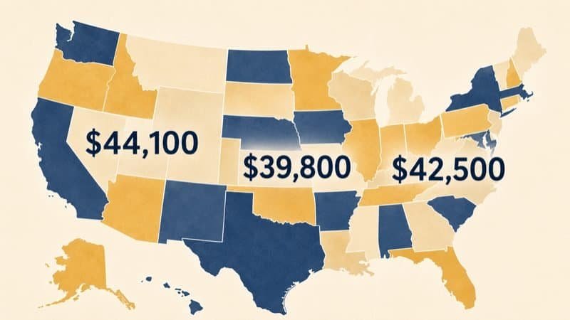 United States map in navy and amber tones showing take home pay amounts by region